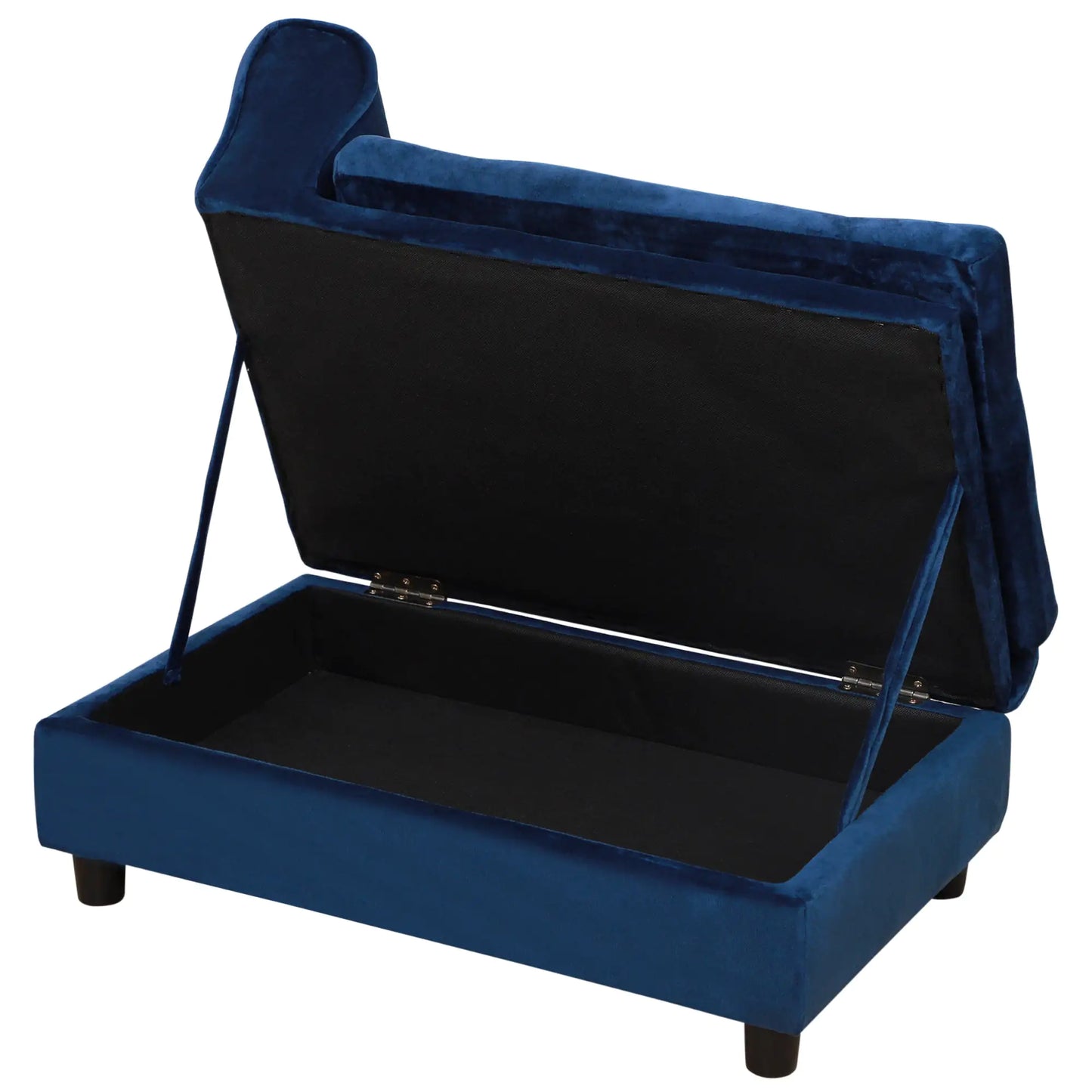 Luxury storage dog bed for small breeds with a spacious hidden compartment in navy blue