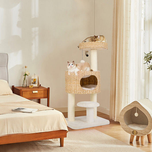 Stylish cat condo for indoor cats with multiple levels and cozy hiding spots