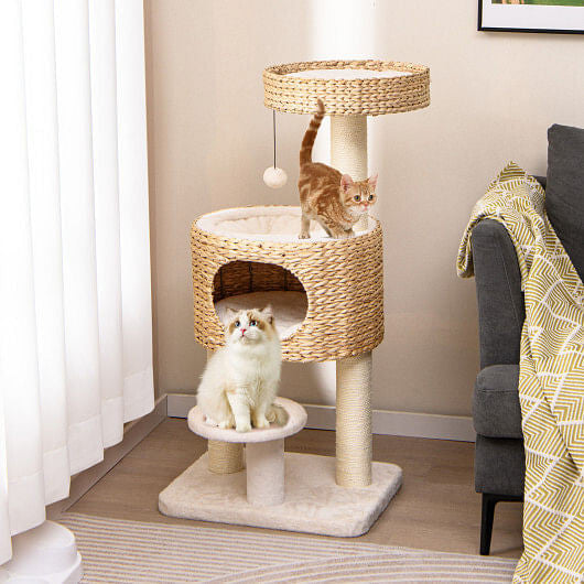 Stylish cat condo for indoor cats featuring multiple levels and playful hanging toys