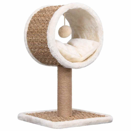 Stylish cat tree with scratching post featuring soft cushioned circular bed and hanging toy by Purrfect Pet Kingdom