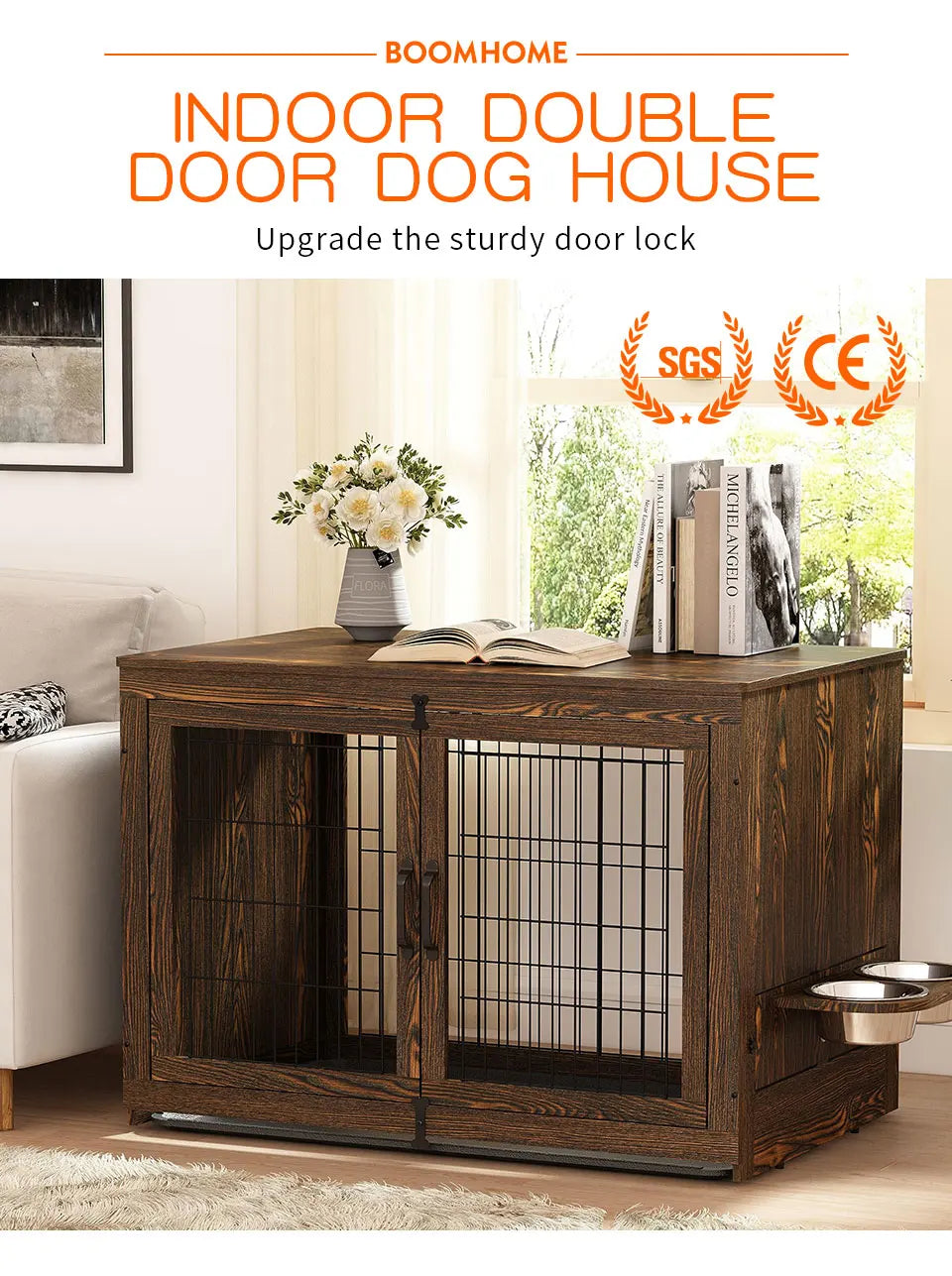 Stylish pet furniture dog kennel designed as an indoor double door dog house with a sturdy wooden finish