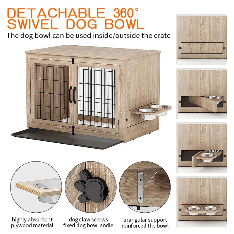 Stylish pet furniture dog kennel with detachable swivel dog bowl and durable plywood material
