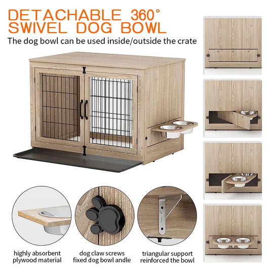 Stylish pet furniture dog kennel with detachable swivel dog bowl and durable plywood material