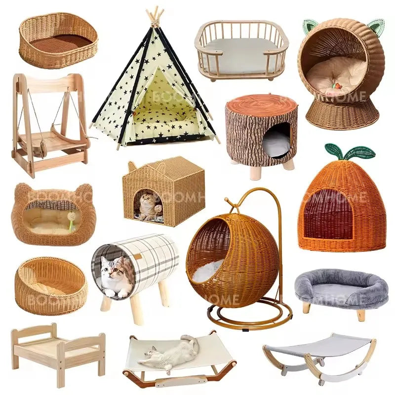 Collection of stylish pet furniture dog kennel options including beds, crates, and play structures