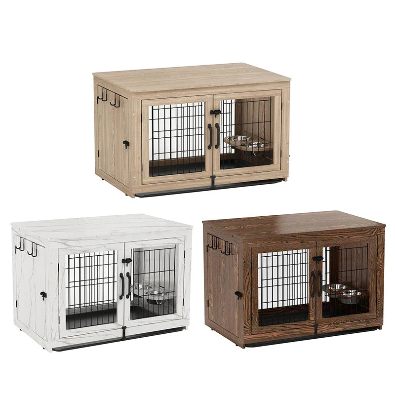 Stylish pet furniture dog kennel in three colors featuring a wood finish and dual doors for easy access