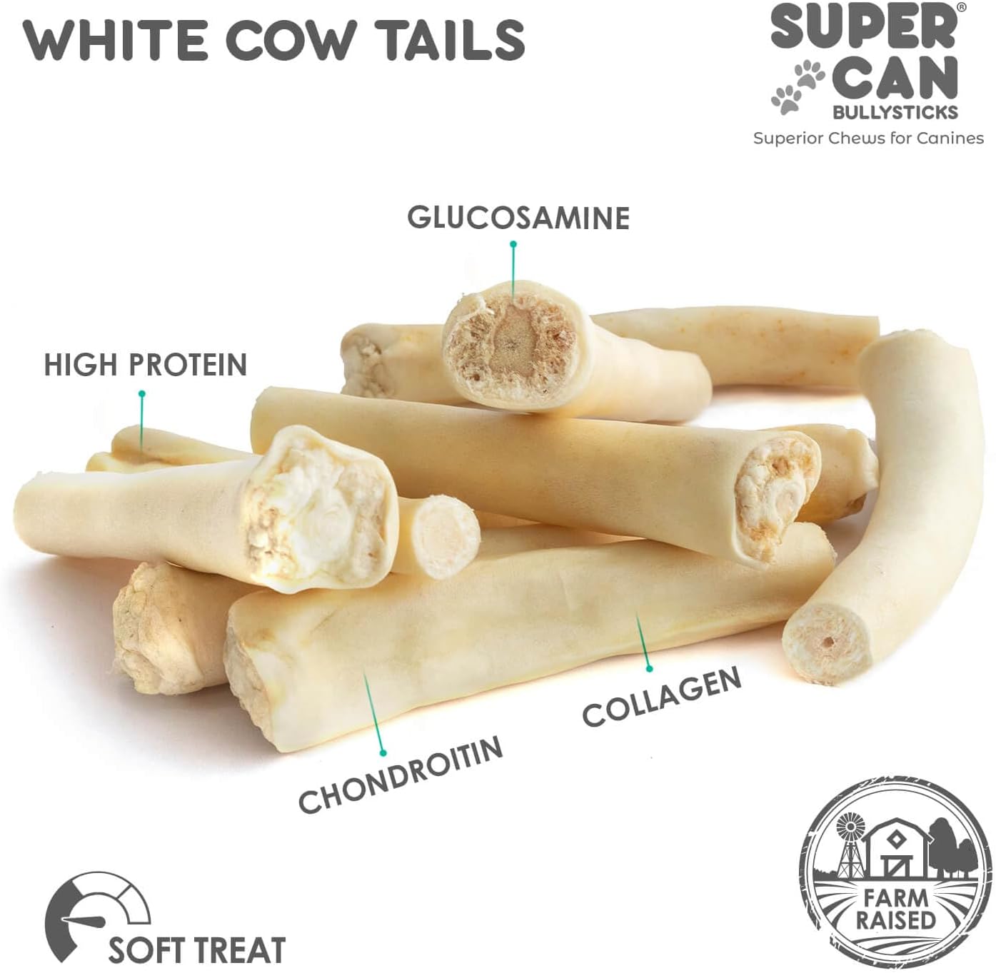 12 inch cow tails for dogs made from high protein, collagen, and glucosamine for healthy chewing