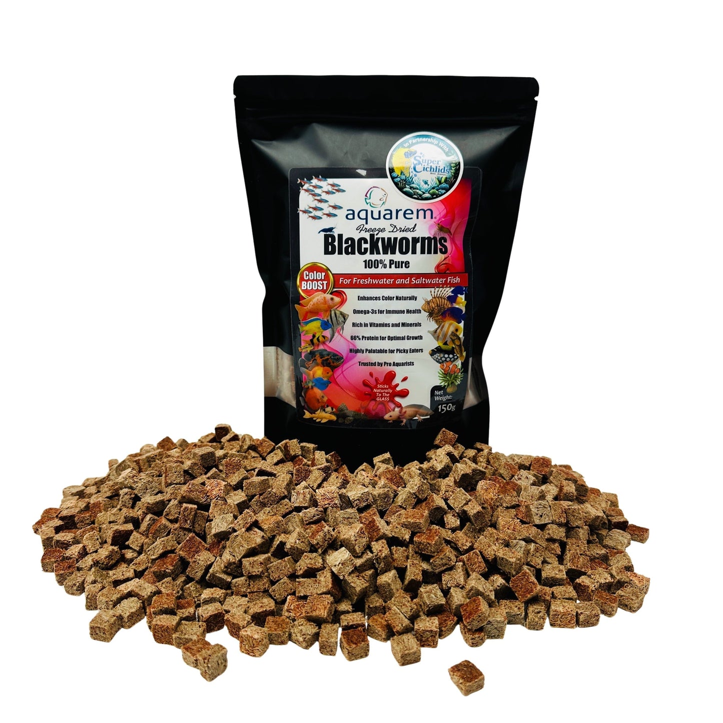 Super Cichlids Freeze-Dried Blackworms with Color Boost (All Natural, High Protein Fish Food)