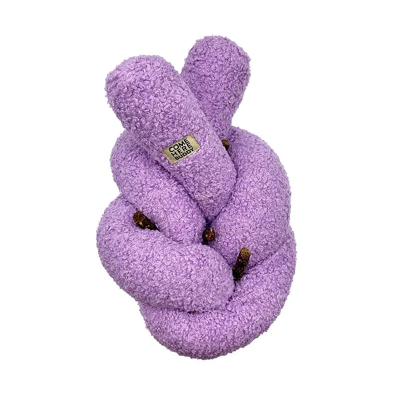 Super Knott dog toy by Come Here Buddy in lilac, grey, and sage colors, perfect for playful pups.