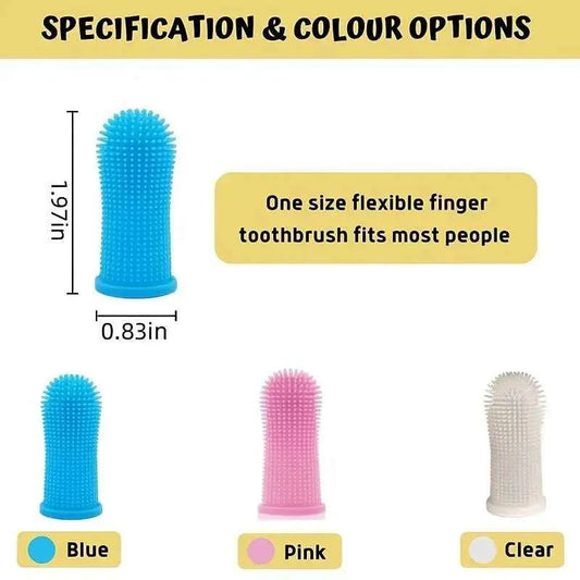 Super Soft Dog Toothbrush finger toothbrush in blue pink and clear colors measuring 1.97 by 0.83 inches