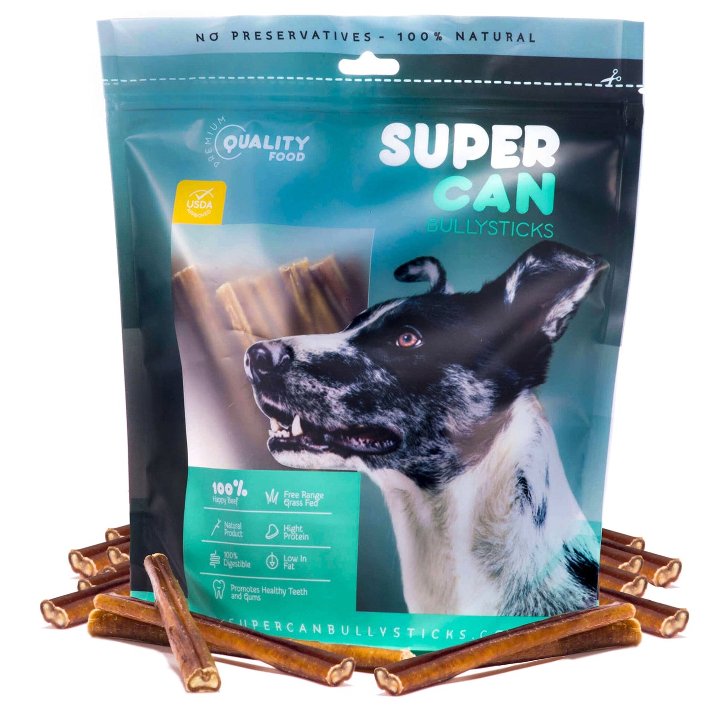 Purrfect Pet Kingdom Super Can Dog Bully Sticks in a resealable bag for healthy dog treats