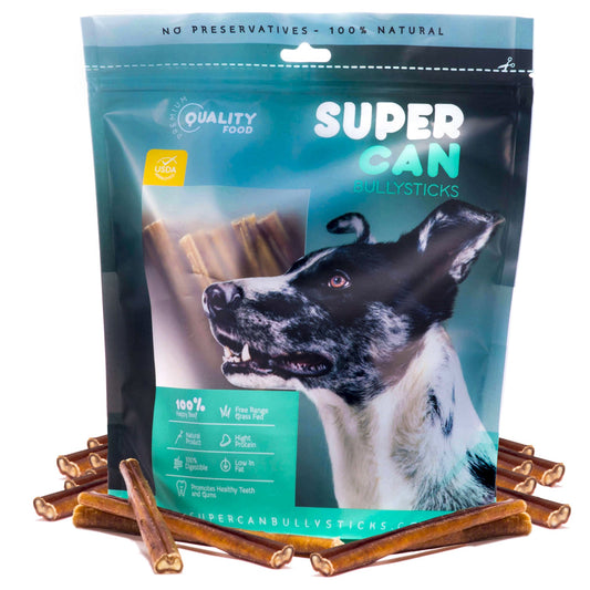 Purrfect Pet Kingdom Super Can Dog Bully Sticks in a resealable bag for healthy dog treats