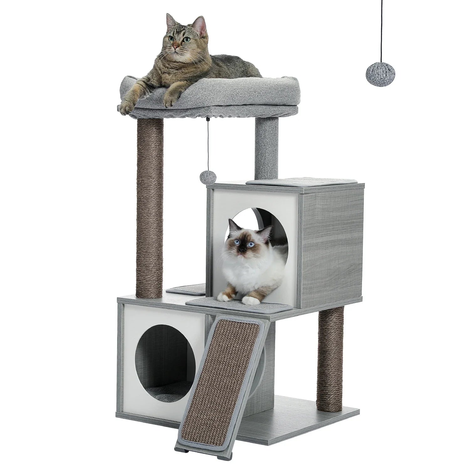 Tail Chasers sustainable modern cat furniture with two levels and scratching posts for playful cats