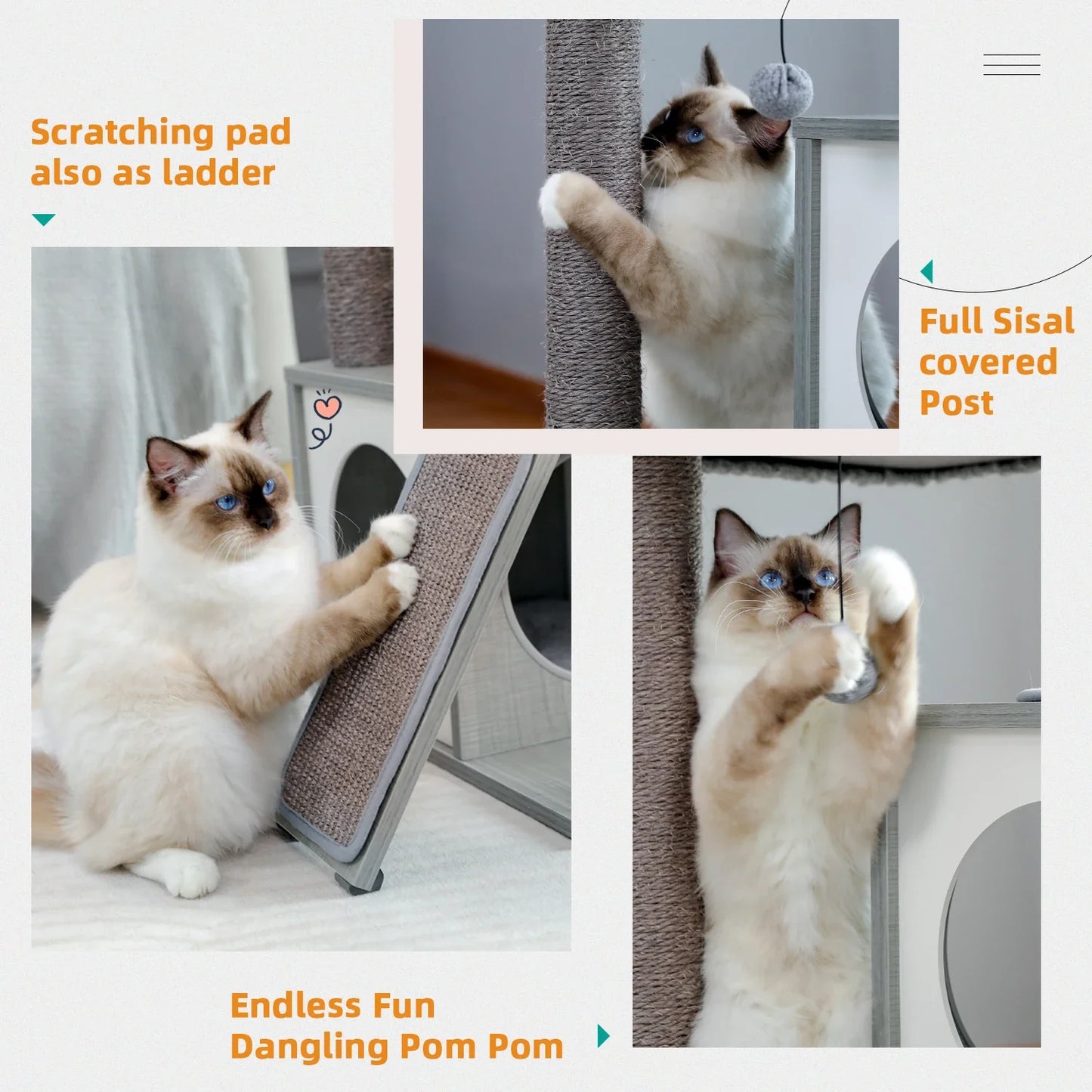 Tail Chasers sustainable modern cat furniture with scratching pad, sisal post, and dangling pom pom for cats