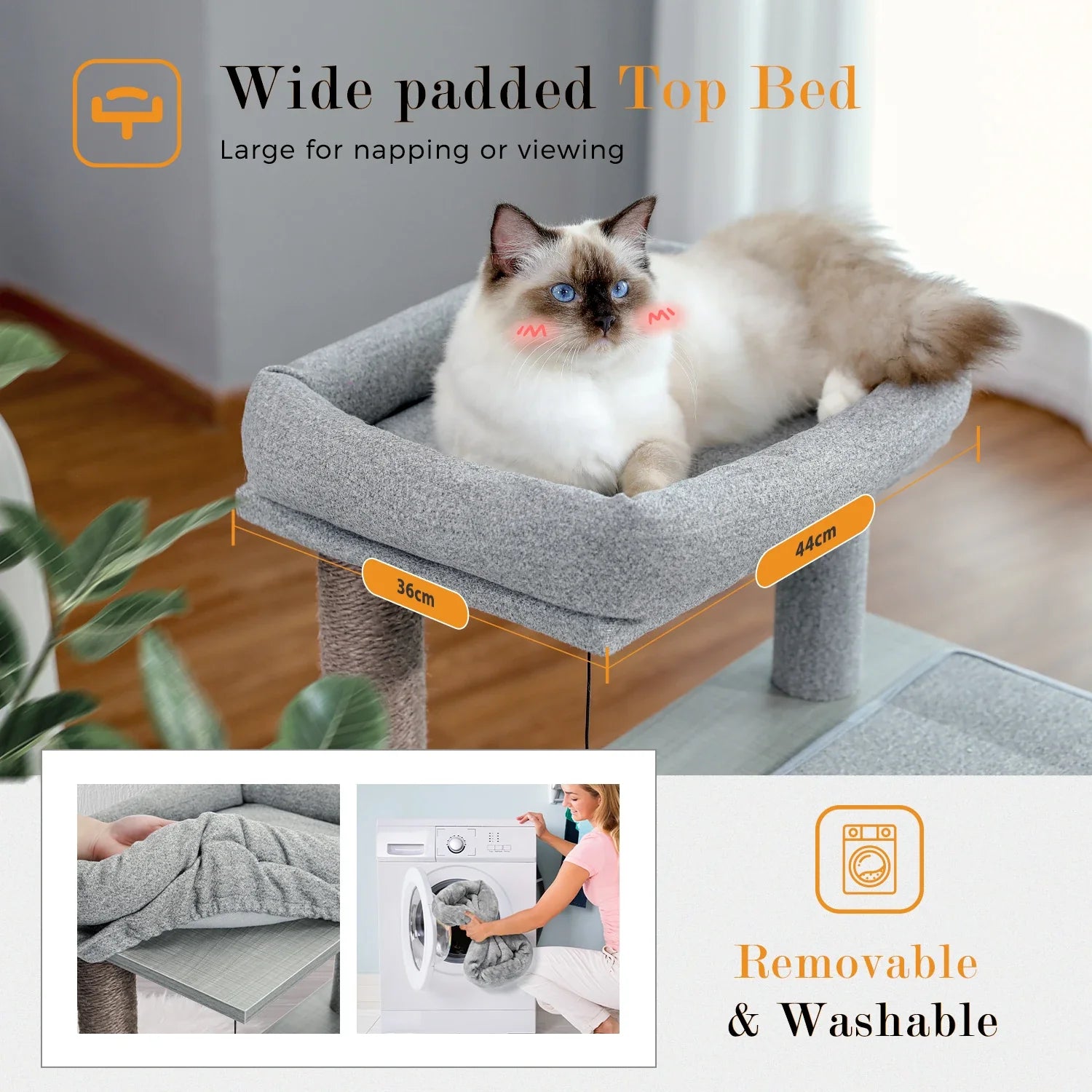 Tail Chasers sustainable modern cat furniture featuring a wide padded top bed for napping and viewing