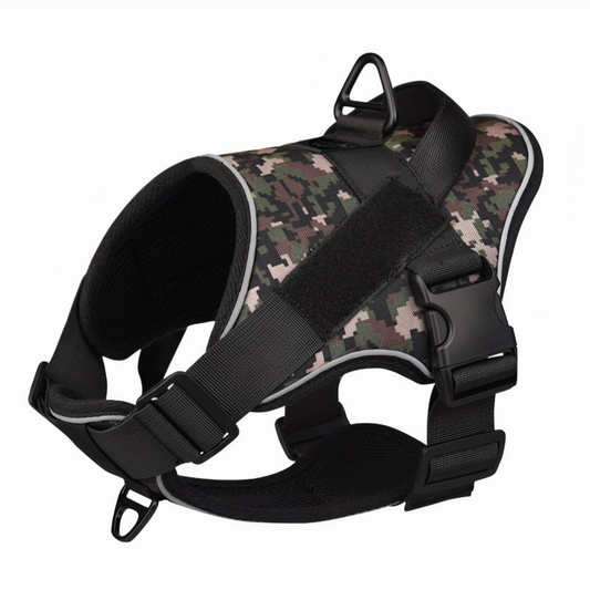 Tactical dog harness in camouflage design with adjustable straps for secure fitting and comfort