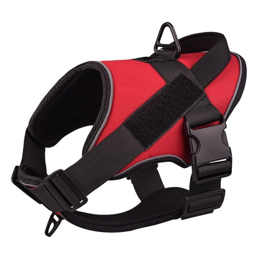 Red tactical dog harness for walking with adjustable straps and sturdy buckles for comfort