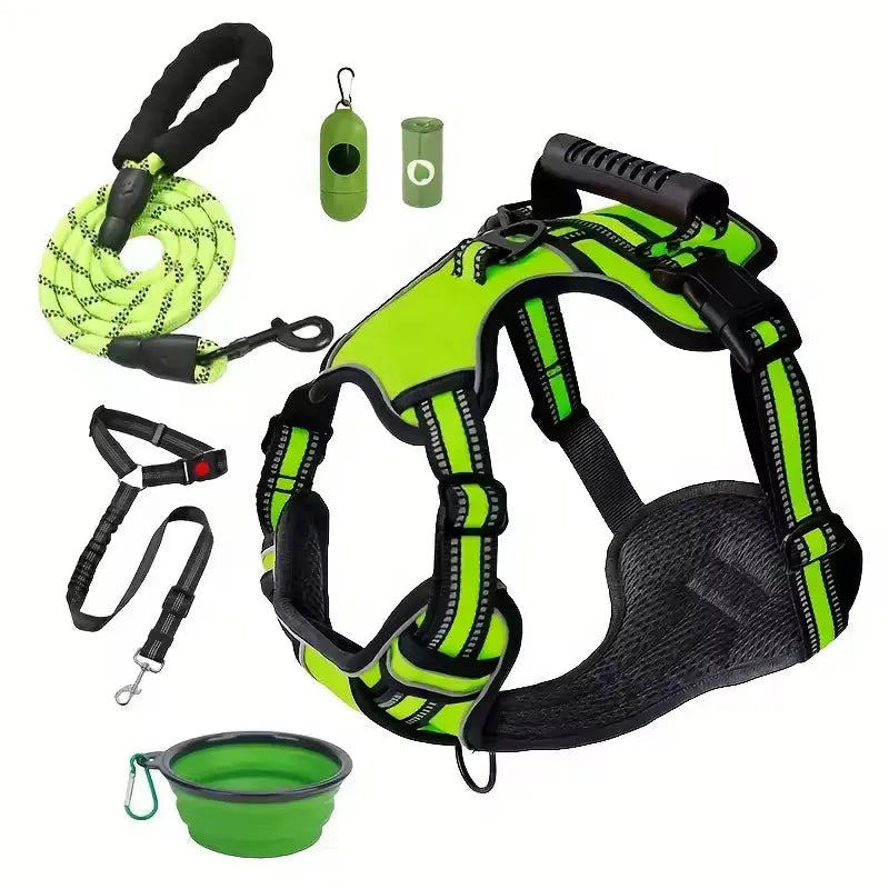 Tactical Dog Harness Set in green by Purrfect Pet Kingdom, size XS, includes seat belt and collar, perfect for budget-frie...