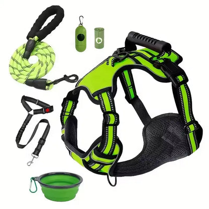 Tactical Dog Harness Set in green by Purrfect Pet Kingdom, size XS, includes seat belt and collar, perfect for budget-frie...