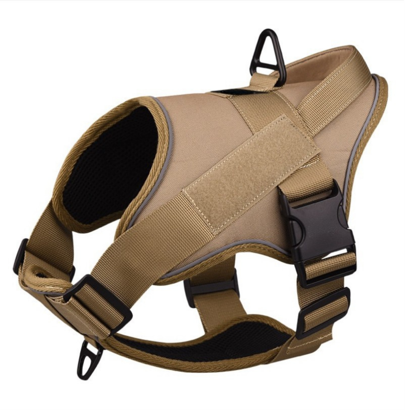 The Wild Paw tactical dog harness in tan with adjustable straps and durable buckle for secure fit
