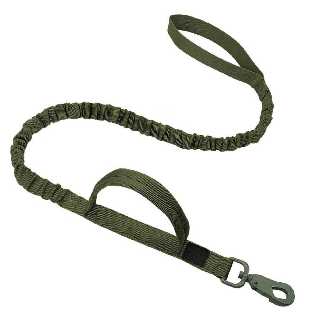 The Wild Paw tactical dog leash in olive green with an elastic bungee design for comfort and control
