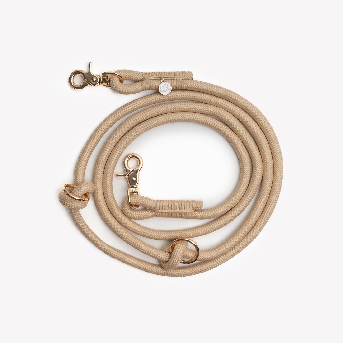 Tan hands-free braided leash by FURLOU, perfect for walking dogs, featuring a comfortable design and sturdy material.
