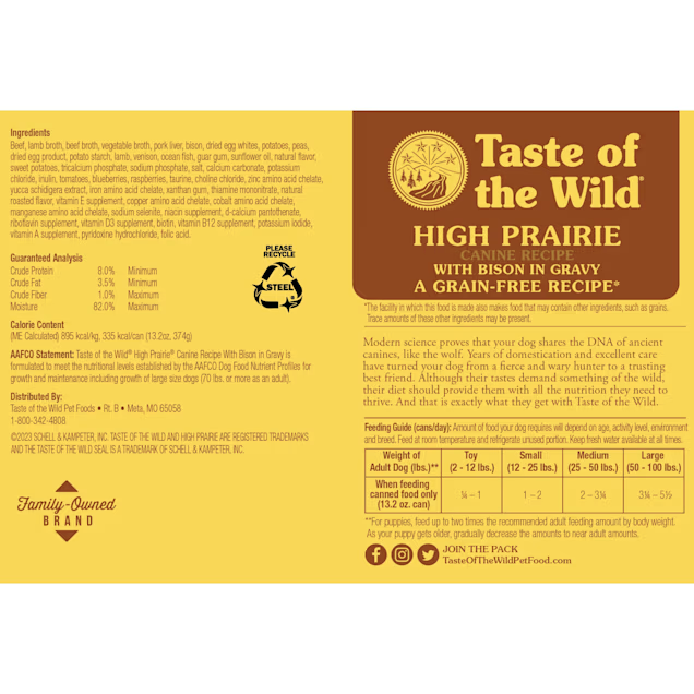 Taste of the Wild High Prairie dog food packaging featuring bison in gravy and a grain-free recipe