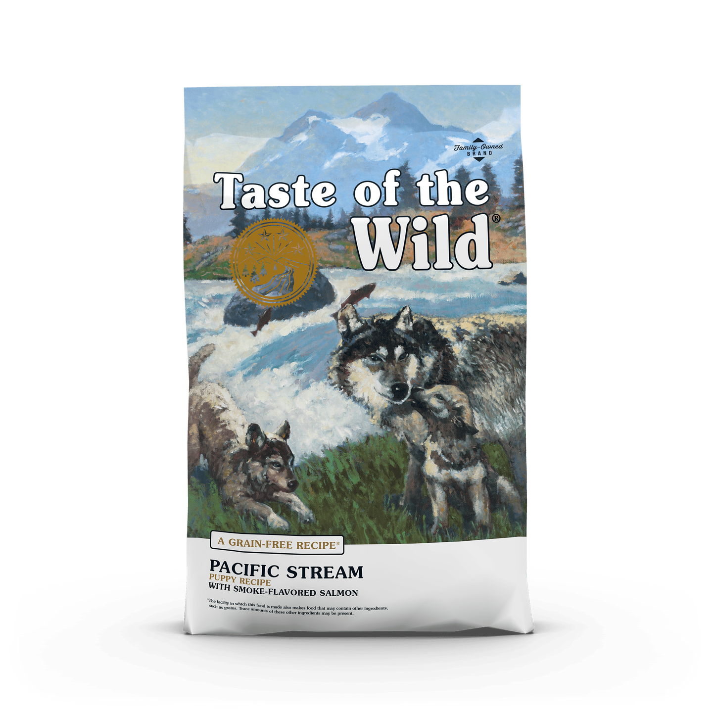 Taste of the Wild Pacific Stream puppy food bag featuring a scenic mountain and river design