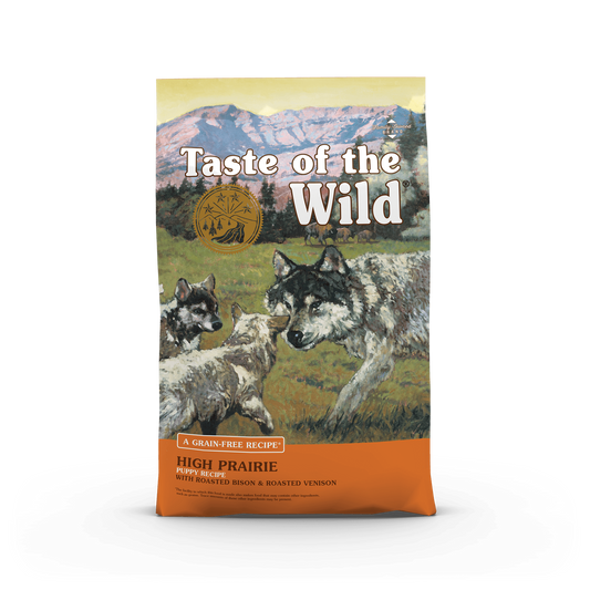 Taste of the Wild puppy food featuring High Prairie formula with roasted bison and roasted venison