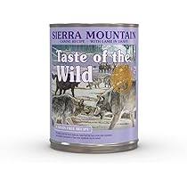 Taste of the Wild Sierra Mountain dog food in a can, featuring a savory meat recipe for dogs