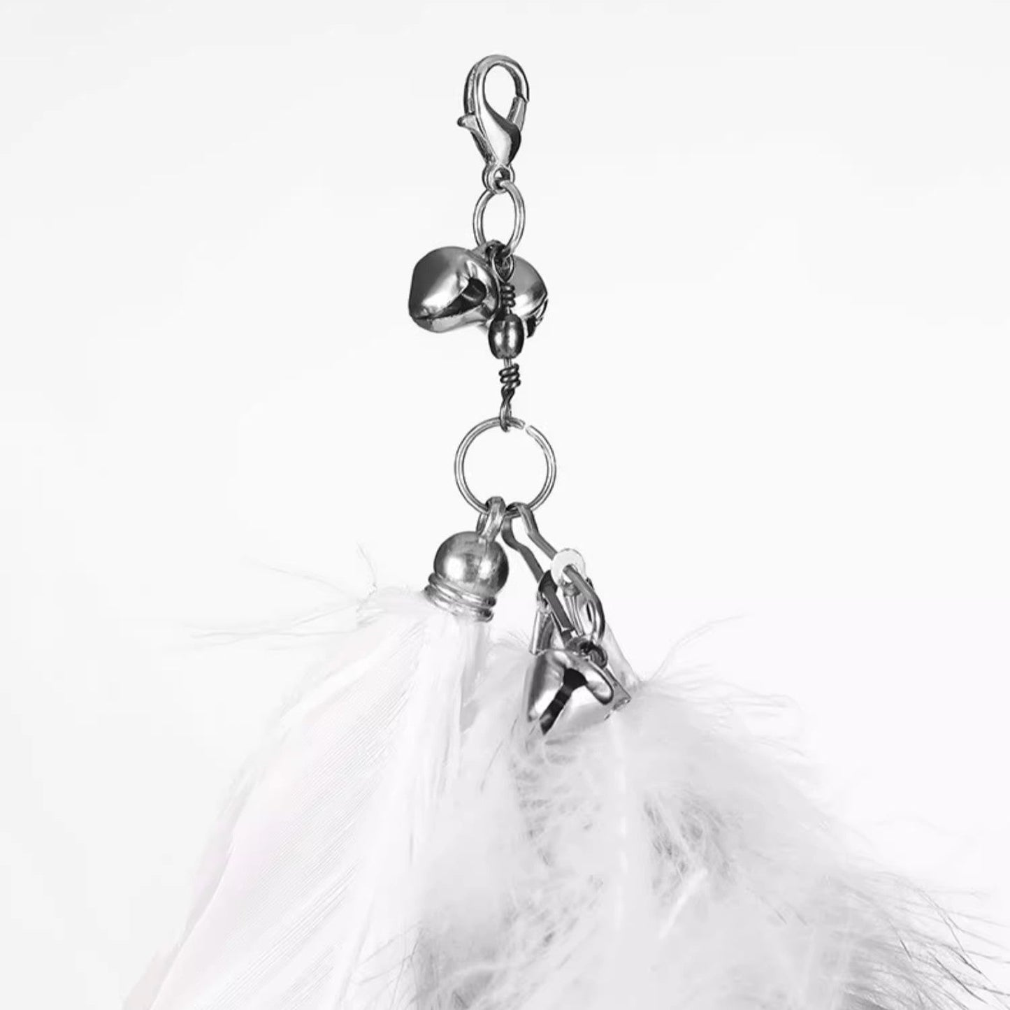 Telescopic feather cat teaser wand attachment with bell and clip for interactive playtime