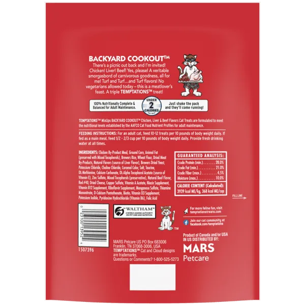 Temptations Mixups Backyard Cookout Cat Treats by The Family Pet, 16oz bag, colorful packaging, perfect for playful cats.