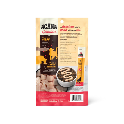 Close up view of Purrfect Pet Kingdom Ergonomic Acana Lickables Chicken Cat Treats (2.5oz) For Small Animals