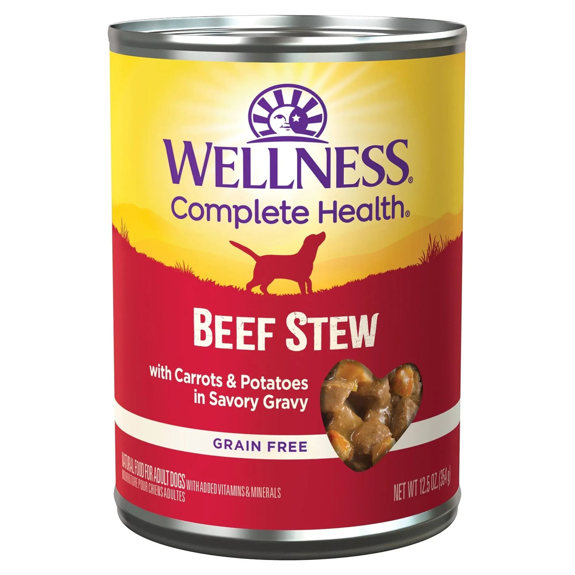Premium adult formula wet dog food in a can by The Family Pet, featuring hearty beef stew, budget-friendly under $10.
