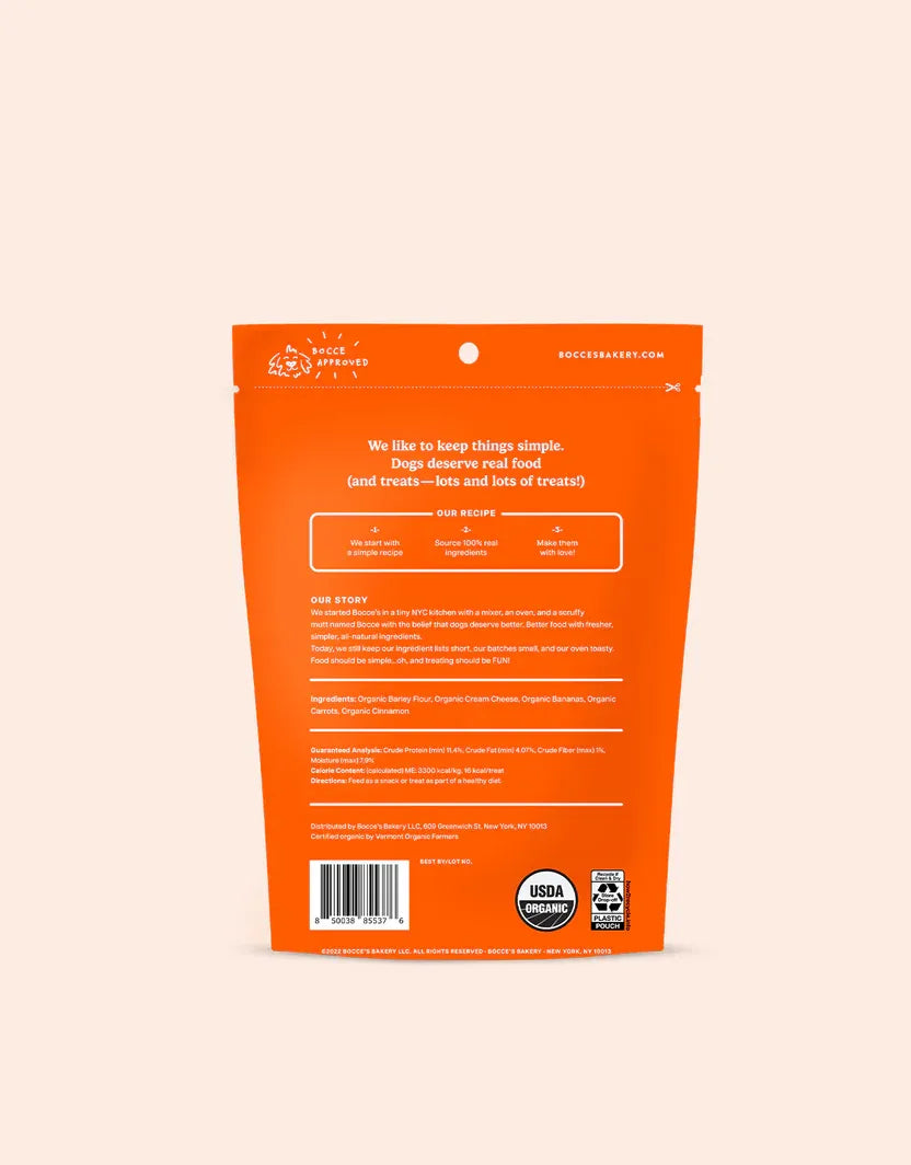 Bocce's Small Batch Spiced Cake Dog Biscuits in a 12oz bag by The Family Pet, perfect tasty treats for dogs.