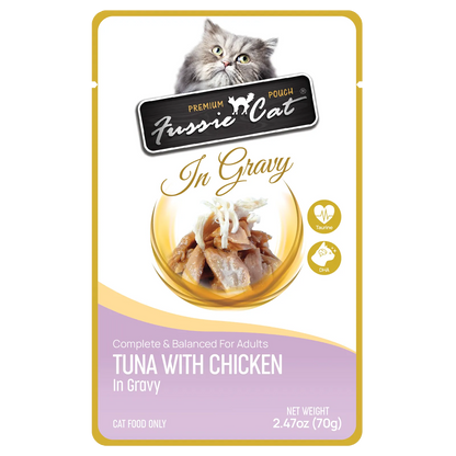 Close up view of Purrfect Pet Kingdom High-Quality Fussie Cat Pouch - Tuna with Chicken in Gravy (2.47oz) For Pets