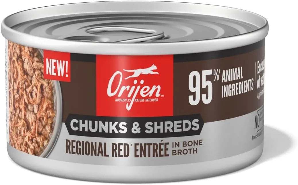 Orijen Grain Free Chunks & Shreds Regional Red Wet Cat Food by The Family Pet, 3oz, featuring a rich red color and premium...