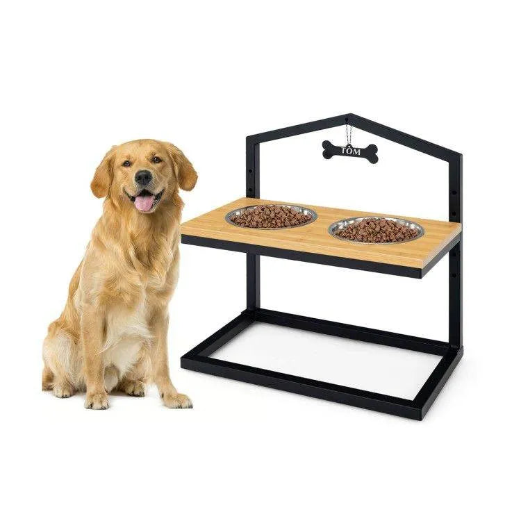 Adjustable Elevated Dog Feeder with 5 Height Settings in natural wood by The Max & Rex Collection, perfect for dogs of all...