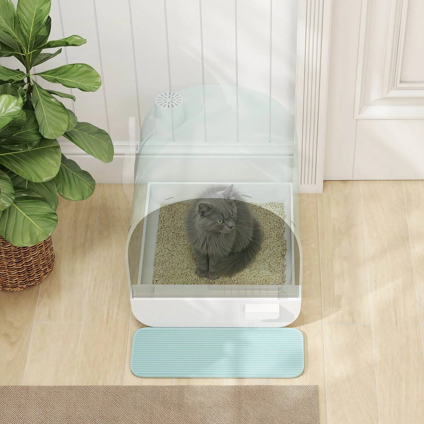 Covered Cat Litter Box with Odor Filter in green by The Max & Rex Collection, offering privacy and odor control for your cat.