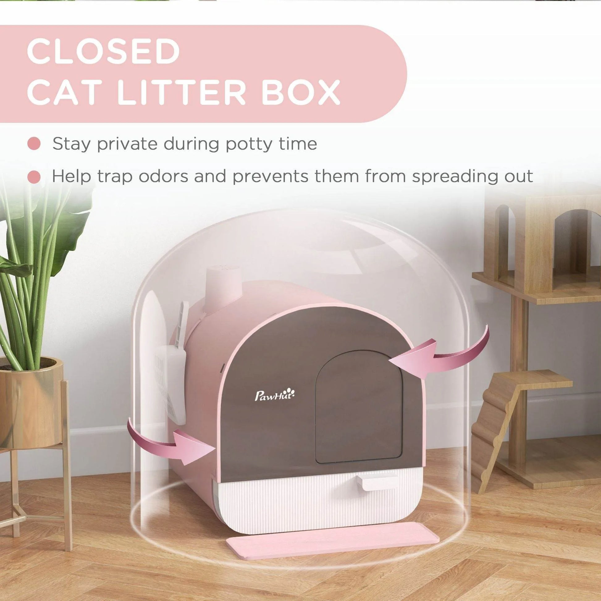 Pink covered cat litter box enclosure with odor filter by The Max & Rex Collection, providing complete privacy for your cat.