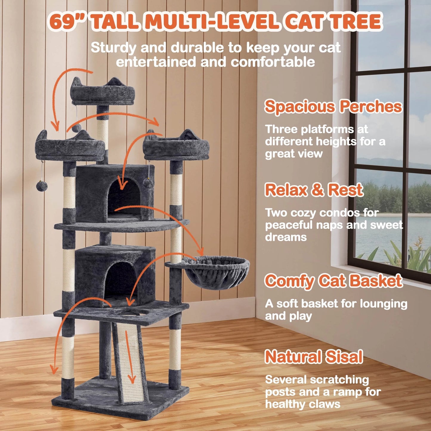 The Max & Rex Collection - Renwick 69in Large Cat Tree Tower with Plush Condos - Cat Trees & Furniture