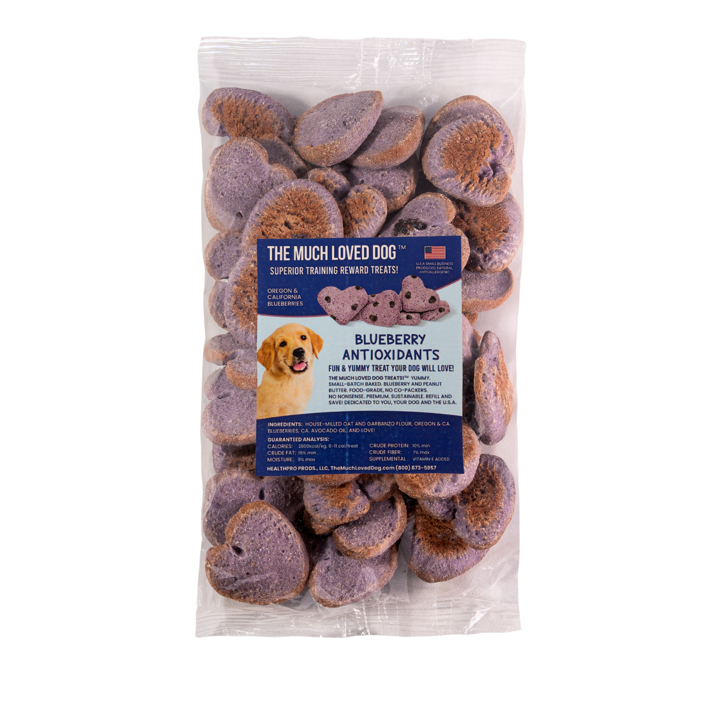 HealthPro LLC Blueberry Dog Training Treats in a clear bag with a friendly dog image on the label
