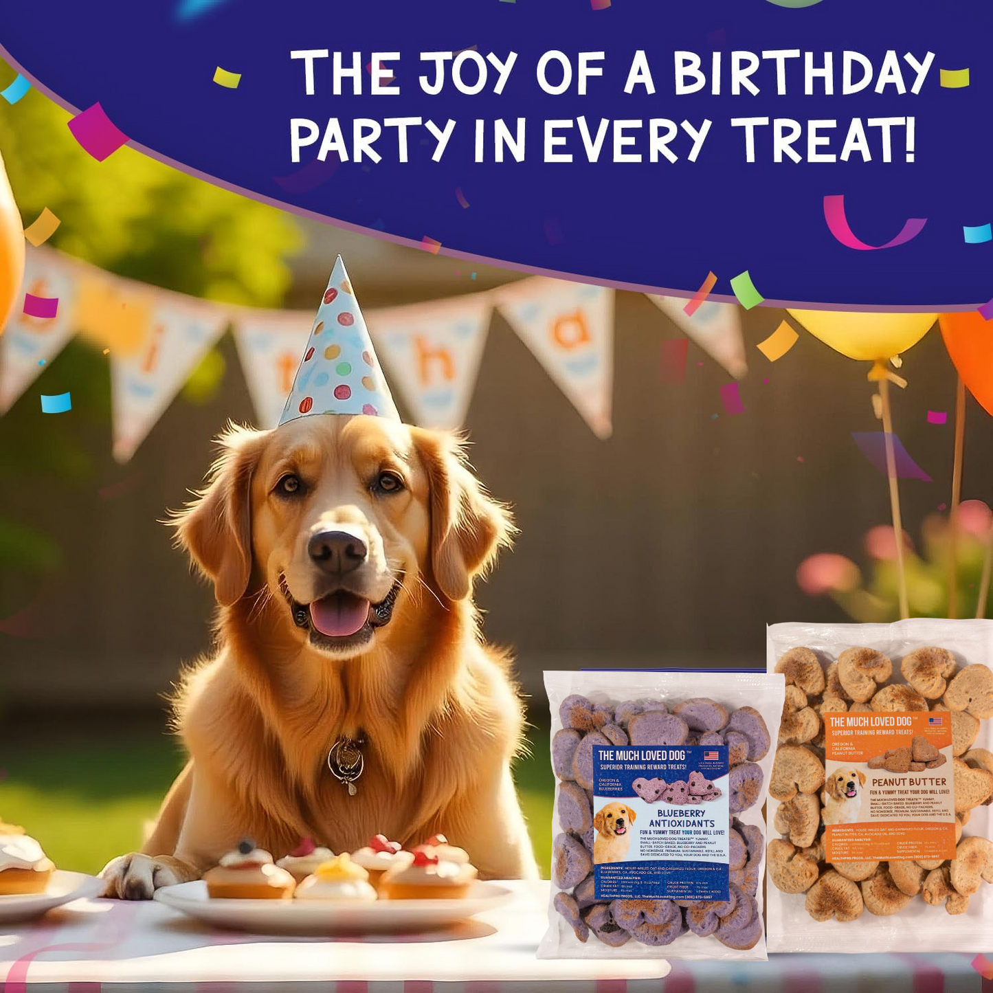 Golden retriever celebrating with a dog training reward treats variety pack for special occasions