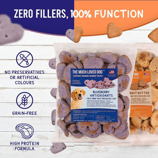 HealthPro LLC dog training reward treats variety pack in heart shapes with blueberry and peanut butter flavors