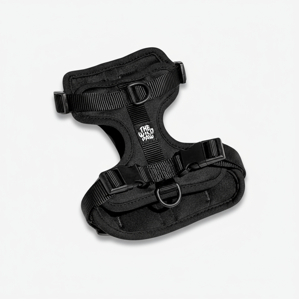 The Wild Paw adventure dog harness in black, designed for comfort and style during outdoor activities