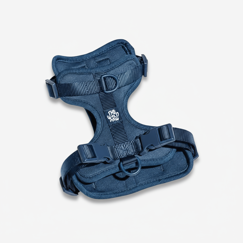 The Wild Paw pet adventure harness in navy blue, designed for stylish and comfortable dog outings