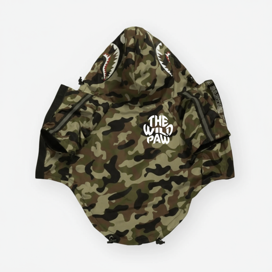 Camo dog windbreaker jacket by The Wild Paw designed for rainy weather with a stylish hood