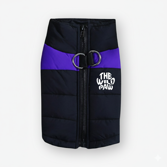 The Wild Paw dog adventure vest in black and purple with a zip closure for outdoor activities