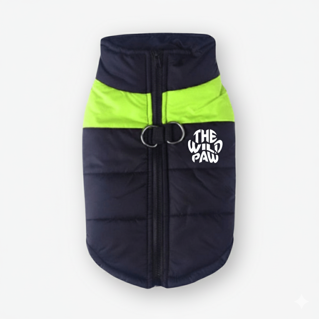 The Wild Paw dog wilderness vest in navy and neon green with a zip closure for outdoors adventures