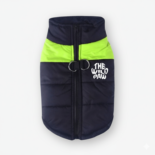 The Wild Paw dog wilderness vest in navy and neon green with a zip closure for outdoors adventures