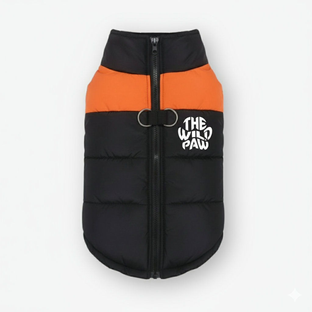 The Wild Paw Dog Wilderness Vest in black and orange with a cozy design for outdoor adventures